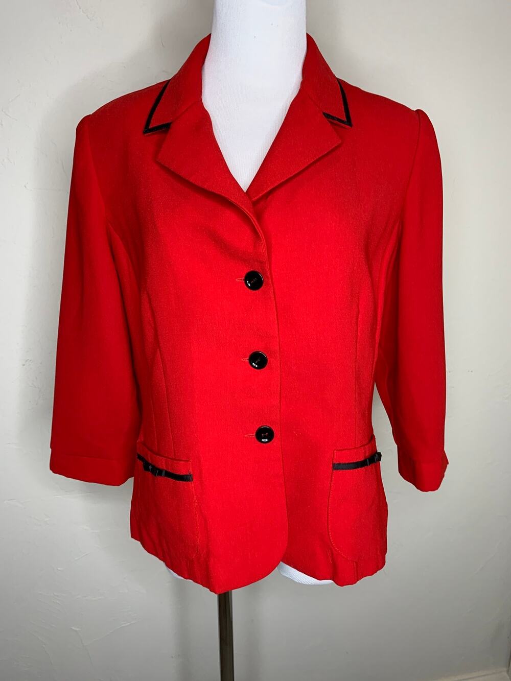 Studio I Red Black Trim Blazer VIntage Sz 14 Petite Classic Career